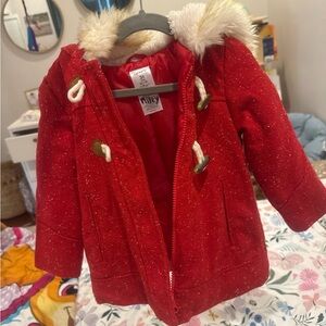 Red Kids Jacket with Faux Fur Hood 3T